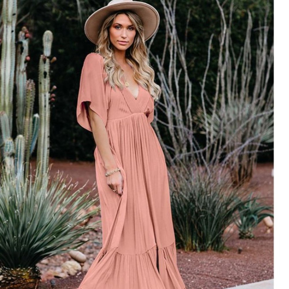 Pink V-Neck Short Sleeve Long Dress